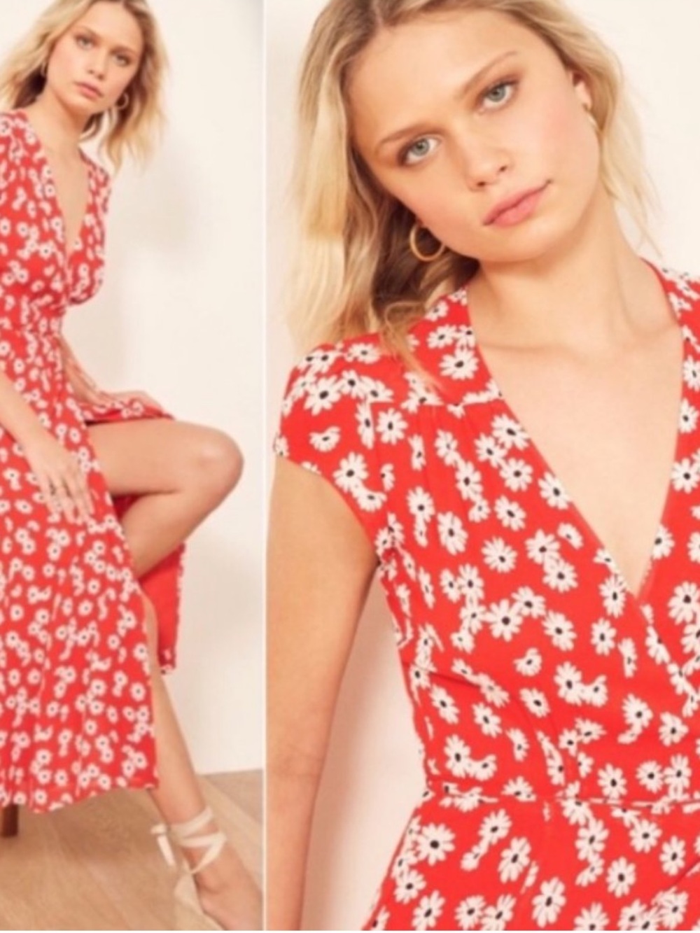 Reformation Dress Carina Wrap Midi in Red Oopsie Daisy